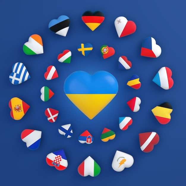 Foto bandiera dell'ucraina e dei paesi dell'unione europea a forma di cuore