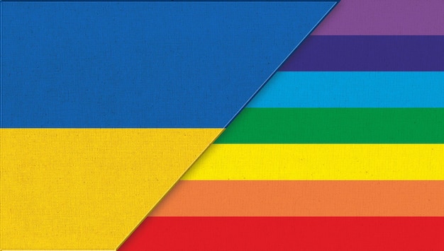 Flag of Ukraine and LGBT 3D illustration flag of sexual diversity