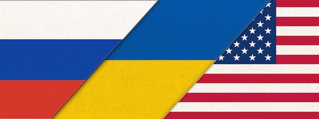 Флаг Украины, России и США 3D-иллюстрация Три флага вместе