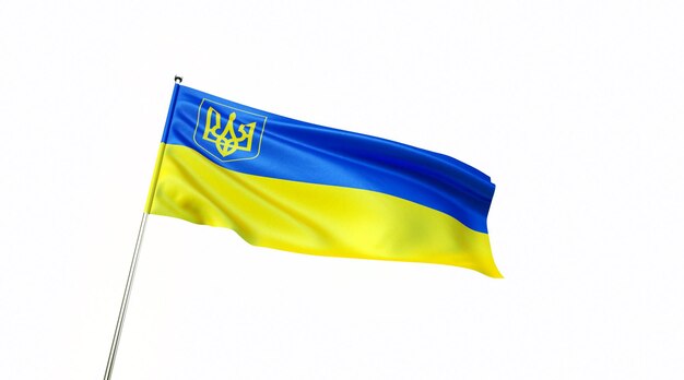 Flag of Ukraine on a white background Blue and yellow Ukrainian flag with coat 3D illustration