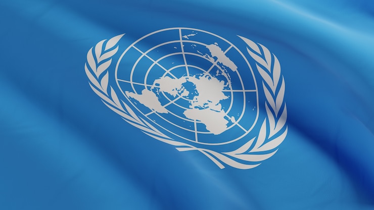 Photo flag of unated nations waving in the wind, fabric micro texture in quality 3d render