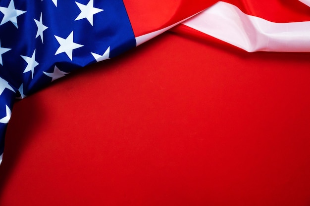 Flag of the United States of America. National flag on a red background, top view and copy space photo