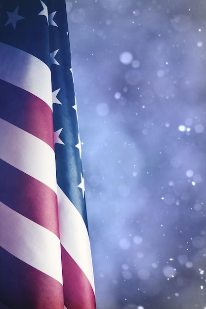 Flag United States America on winter snowy and frosty background