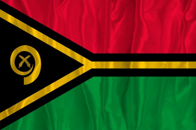 The flag of Vanuatu on a silk background is a great national symbol Texture of fabrics The official state symbol of the country