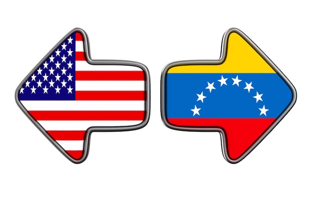 Flag Venezuela and USA on white surface. Isolated 3D illustration.