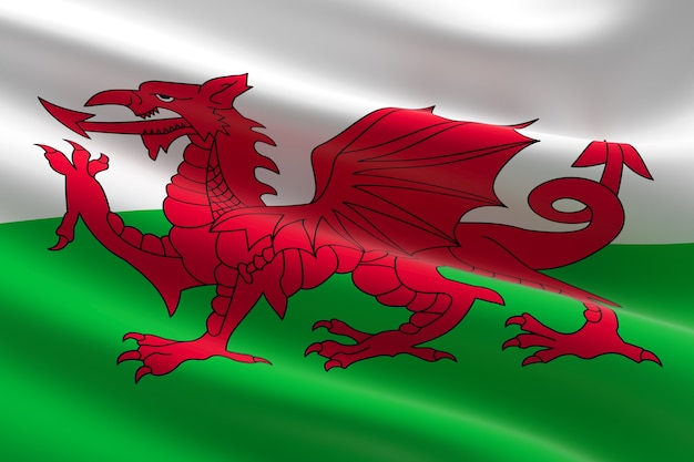 Flag of Wales. 3d illustration of the Welsh flag waving.