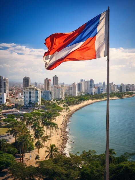 Flag wavering in front of scenic view of cartagena modern skyline near historic city center and