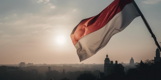 A flag waving in the sunset with a city in the background