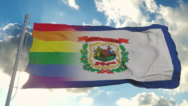 Flag of West Virginia and LGBT. West Virginia and LGBT Mixed Flag waving in wind. 3d rendering.