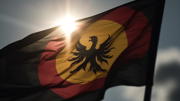 A flag with a black and red eagle on it