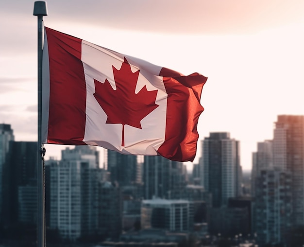 A flag with the city in the background