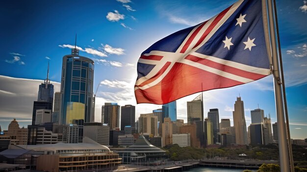 A flag with the city in the background