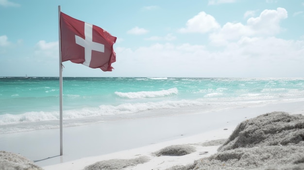 A flag with a cross on it is on a beach