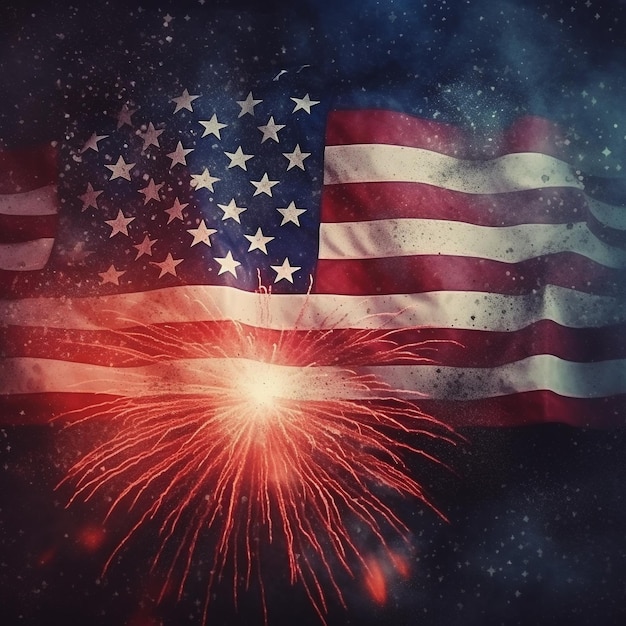 A flag with a firework in the background