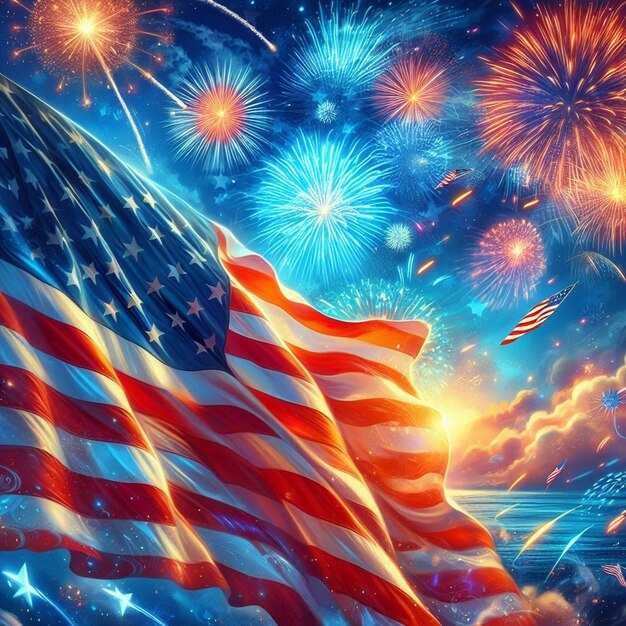 a flag with fireworks in the background and a flag that says  united states