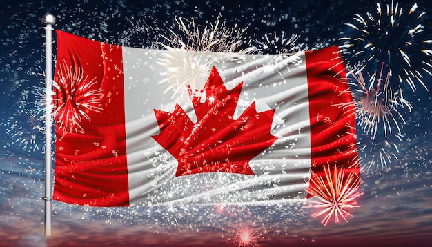 A flag with fireworks on it and the word canada on it.