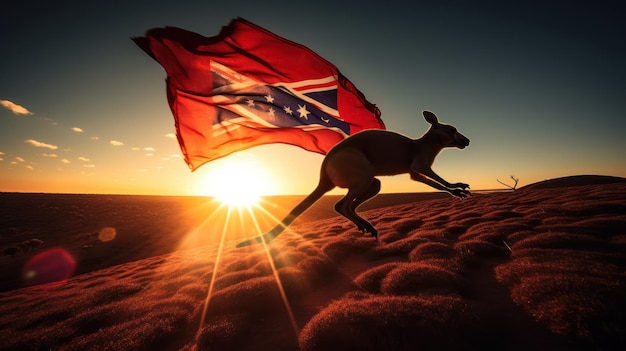 A flag with the flag of a kangaroo is flying in the air with the flag of the confederate flag in the background.