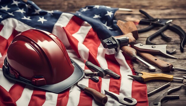 a flag with a helmet and tools on it