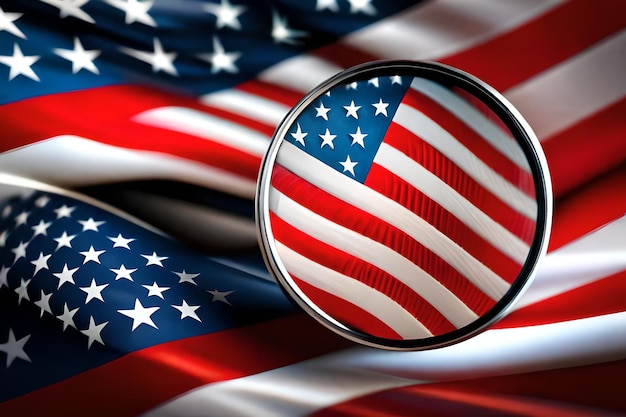 A flag with a magnifying glass and a flag with the words usa on it.