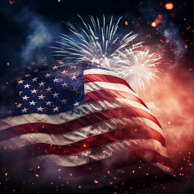 Photo a flag with a red background and a fireworks in the background