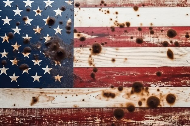 A flag with rusted stars and rust marks on it