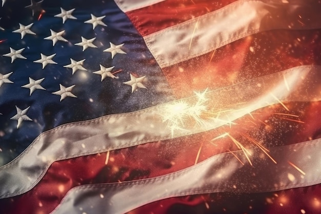 A flag with sparklers in the foreground