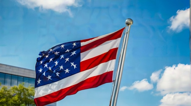 a flag with stars and stripes is flying in the sky