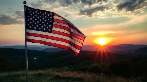 A flag with the sun setting behind it