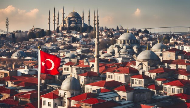 Photo a flag with a symbol on it is in front of a building with a flag and a mosque in the background