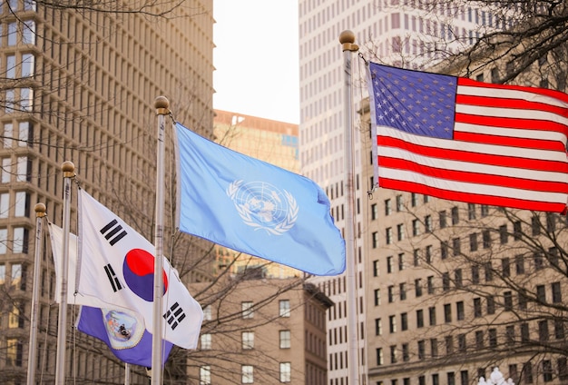 A flag with the united nations flag in the background