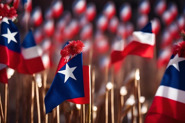 A flag with a white star on it is waving in the wind.