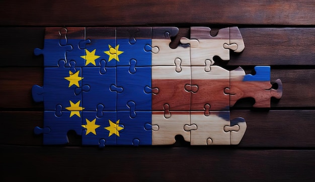 a flag on a wooden piece with the missing in the style of puzzlelike pieces