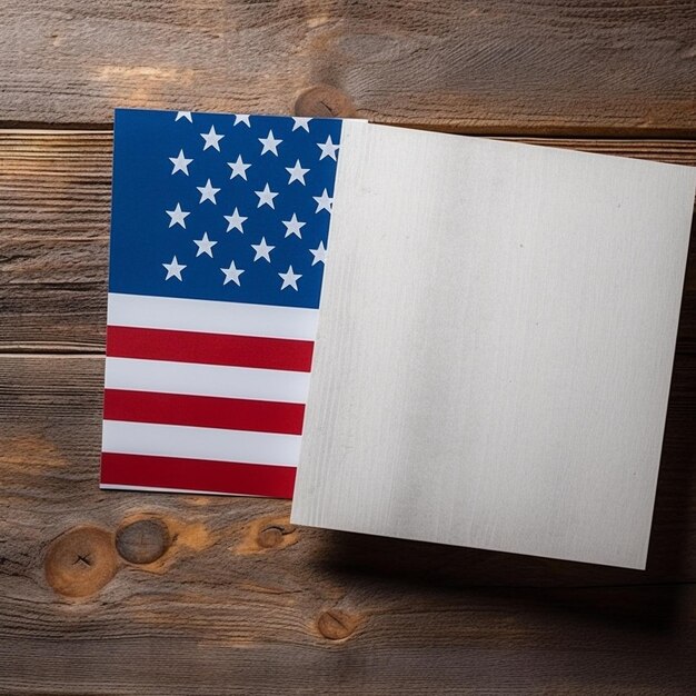 A flag on a wooden surface with a white sheet of paper with stars and a white background