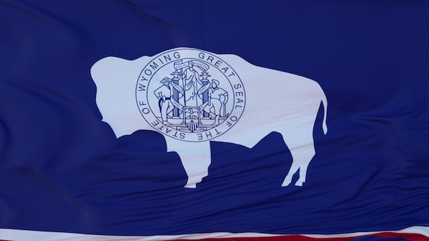 Flag of Wyoming state region of the United States waving at wind 3d rendering