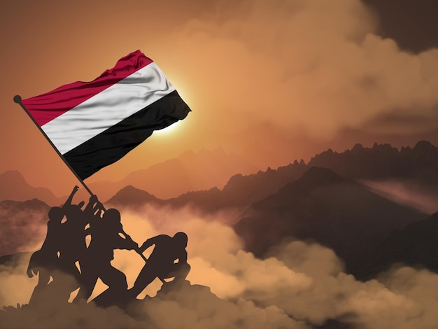 Photo a flag of yemen is being carried by men.