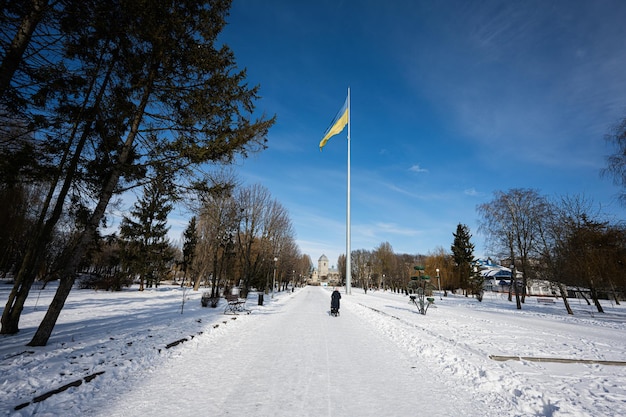 Flagpole with the Ukrainian flag in Ternopil Ukraine