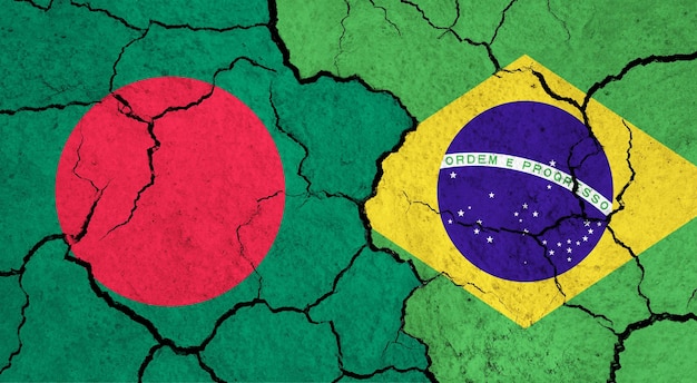 Photo flags of bangladesh and brazil on cracked surface politics relationship concept