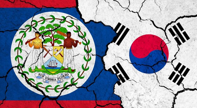 Flags of belize and south korea on cracked surface politics relationship concept