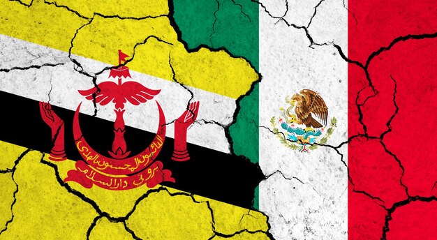 Flags of brunei and mexico on cracked surface politics relationship concept