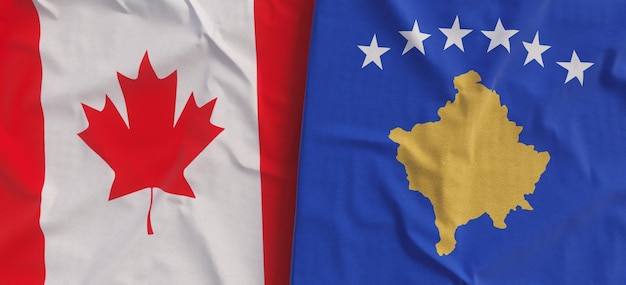 Flags of Canada and Kosovo Linen flag closeup Flag made of canvas Canadian Ottawa Maple leaf Pristina 3d illustration