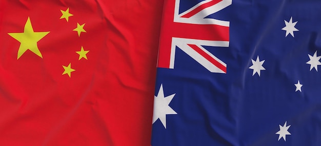 Flags of China and Australia Linen flag closeup Flag made of canvas Chinese flag Beijing Canberra Sydney State national symbols 3d illustration