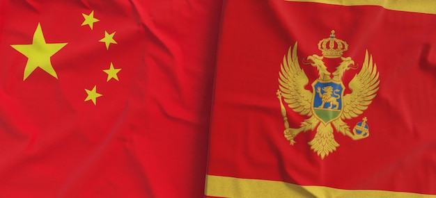 Флаги Китая и Черногории Льняной флаг крупным планом Флаг из холста Китайский флаг Пекин Подгорица Государственные национальные символы 3d иллюстрация