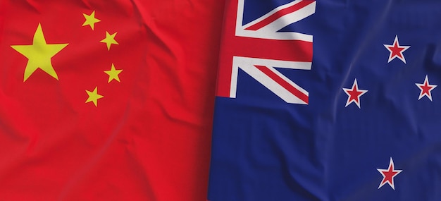 Flags of China and New Zealand Linen flag closeup Flag made of canvas Chinese flag Beijing Wellington State national symbols 3d illustration