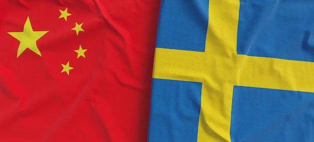 Flags of China and Sweden Linen flag closeup Flag made of canvas Chinese flag Beijing Swedish State national symbols 3d illustration