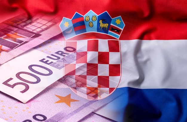 Flags of the Croatia and the European Union. Croatia Flag and EU Flag. World flag money concept.