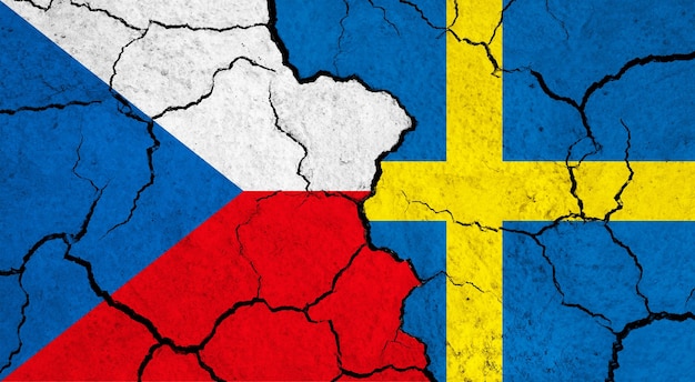 Flags of czech republic and sweden on cracked surface politics relationship concept