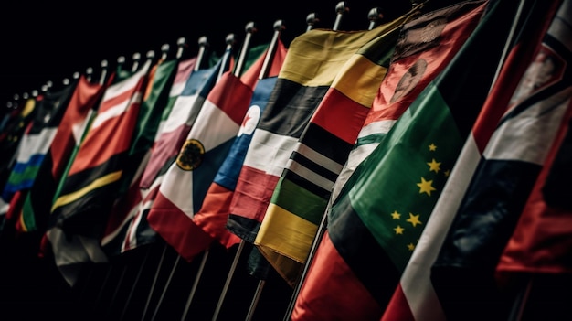 Flags of different countries are lined up in a row.