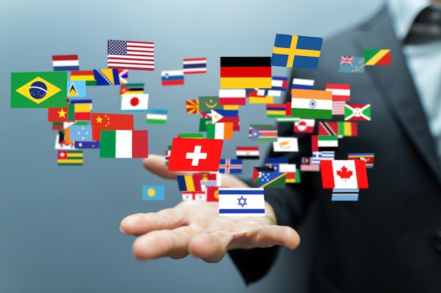 Flags of different countries connected to each other the concept of digital globalization