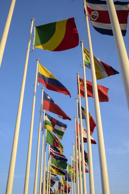 Foto bandiere di diversi paesi in fila davanti all'ingresso di expo2020