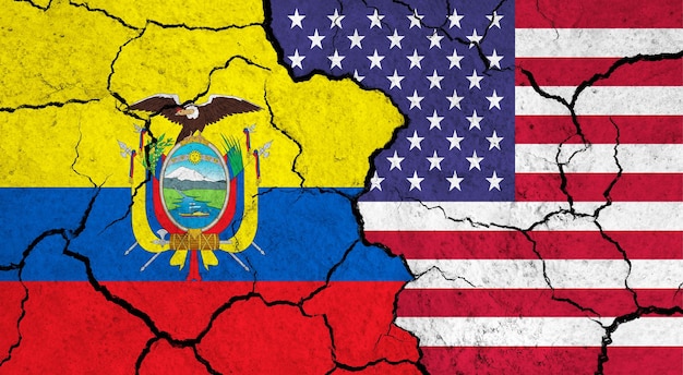 Flags of Ecuador and USA on cracked surface politics relationship concept